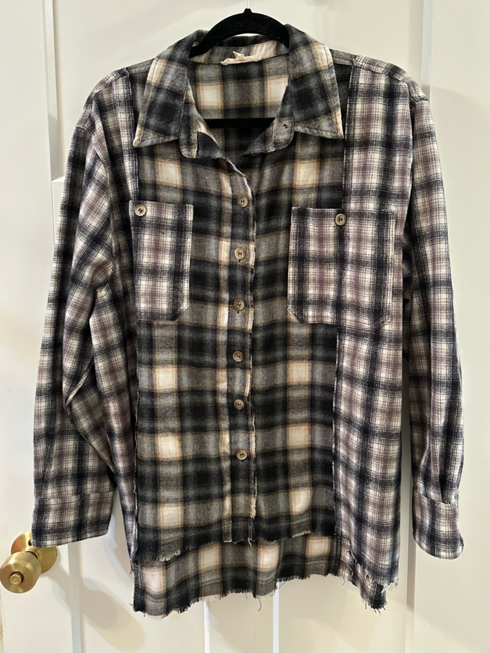 Boho vintage inspired Plaid Shirt Jacket in Black and Cream